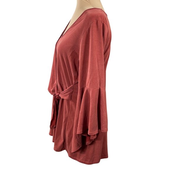 Green Envelope Tunic Top Bell Sleeve Tie Burnt Orange L Large Modal Blend - Picture 2 of 6